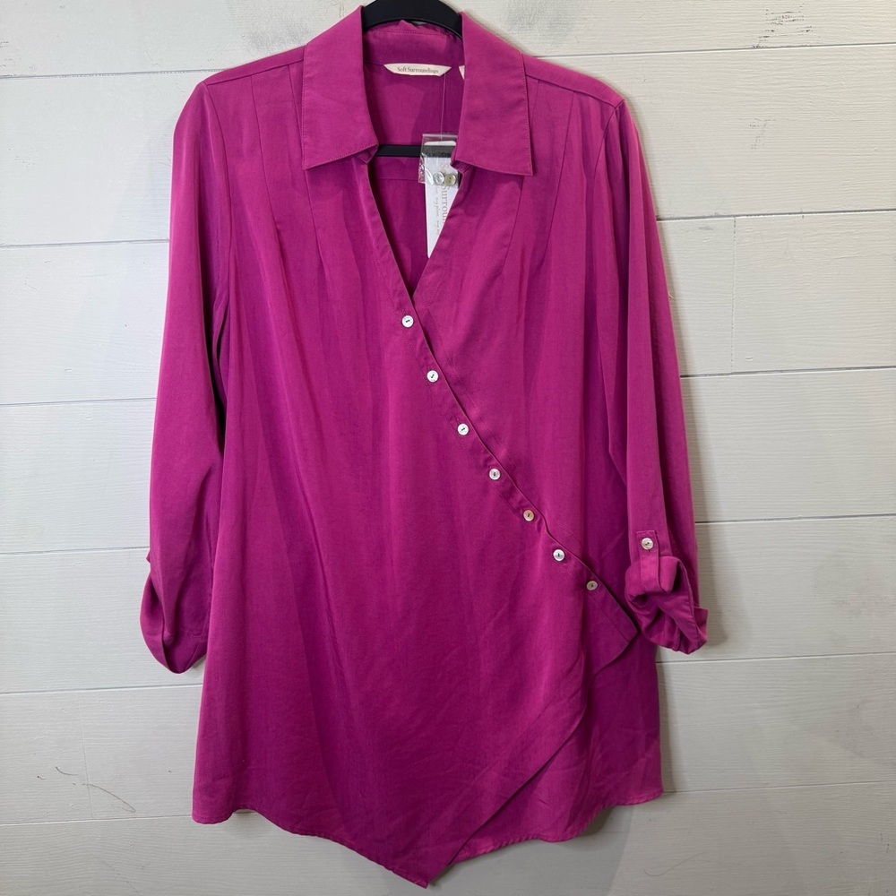 Soft Surroundings Washed Tencel Tunic Crossover Front Top Magenta Pink Sz Medium